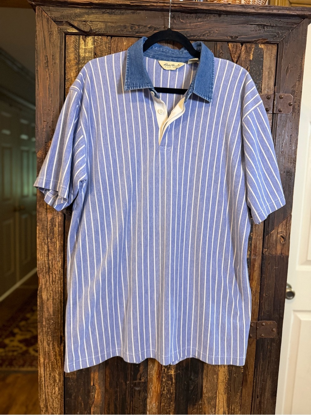 Vintage 90s Eddie Bauer Polo Shirt Mens L Blue White Stripe Denim Collar Cotton